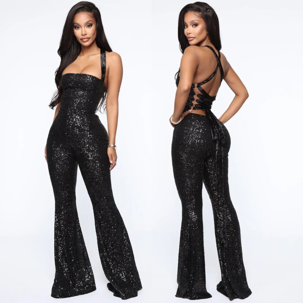 Fashion Nova Black Sequin Bell Bottom Jumpsuit | XS